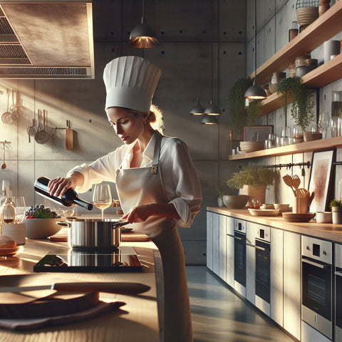 a woman chef is cooking in a Mediterranean kitchen with red wine