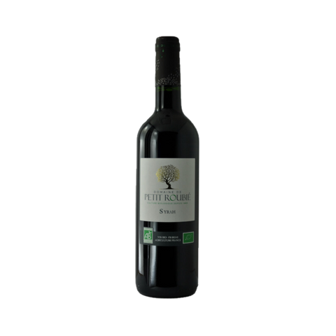 A bottle of Domaine de Petit Roubié Syrah wine