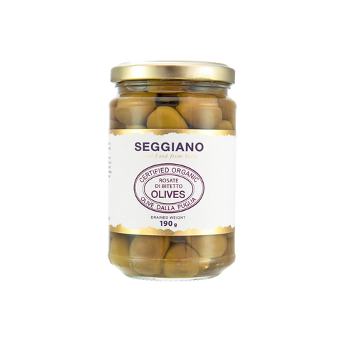 A can of Seggiano Rosate di Bitetto Olives Organic