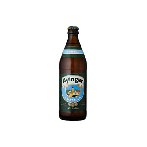 A bottle of Ayinger Lager Hell beer