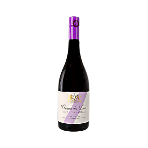 A bottle of Chemin des Lions Pinot Noir Merlot wine