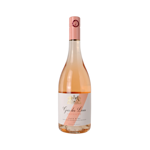 A bottle of Gris des Lions Grenache Rose wine