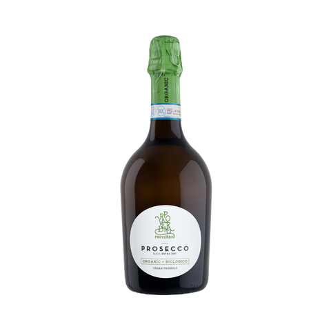 A bottle of Proverbio Prosecco DOC Extra Dry organic vegan friendly wine