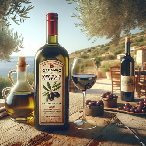 one bottle of organic olive oil and a bottle of organic red wine on a table