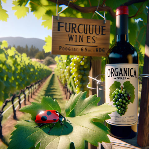 Organica red wine bottle in a environmentally friendly vineyard 