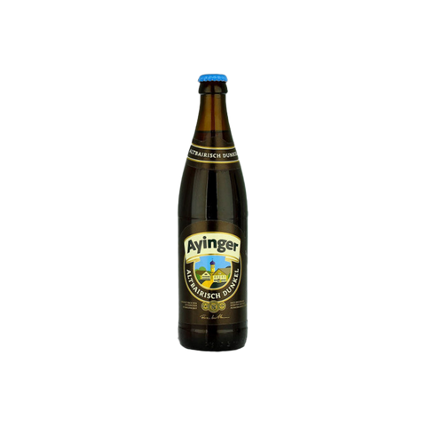 A bottle of Ayinger Altbairisch Dunkel beer