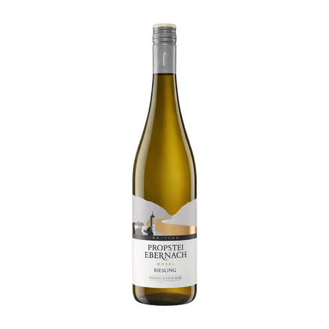 A sleek, tall bottle of white Riesling with a pale golden hue, minimalist Mosel landscape label, and clean, modern presentation on a white background.
