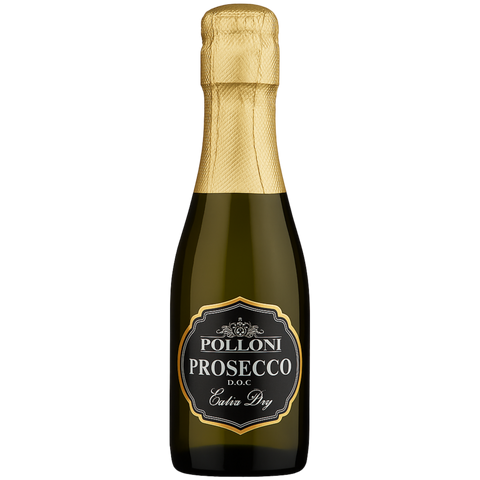Bottle of Polloni Prosecco DOC Extra Dry with gold foil cap on a white background