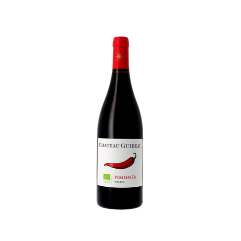 Red wine bottle with a red cap and white label featuring a chili pepper on a white background