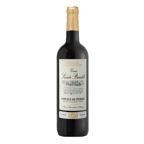 A bottle of Coteaux de Peignarc Saint-Eustache red wine, featuring a dark glass bottle with a gold foil capsule and a cream-colored label with black and gold text.