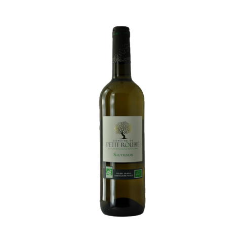 A bottle of Domaine de Petit Roubie Sauvignon Blanc wine