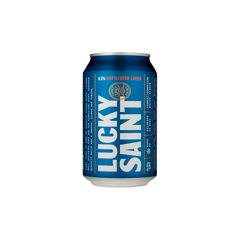 A can of Lucky Saint Superior Unfiltered Alcohol Free Lager beer