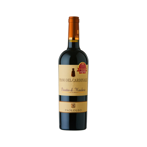 A bottle of Paolo Leo Primitivo Manduria Passo del Cardinale vegan friendly wine