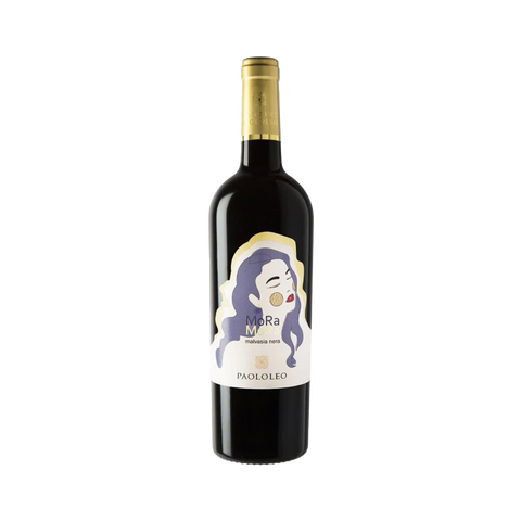 A bottle of Paolo Leo Mora Mora Malvasia Nera ruby red wine