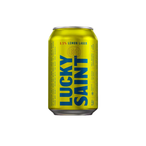 Yellow can of Lucky Saint lemon lager on a white background