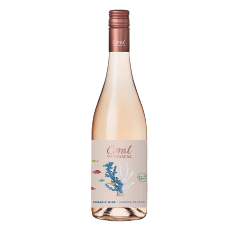 Rose wine bottle with a label featuring coral designs on a white background