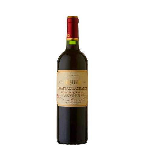 Bottle of Chateau Lagrange wine on a white background