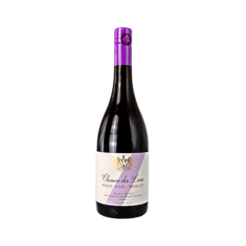 A bottle of Chemin des Lions Pinot Noir Merlot wine