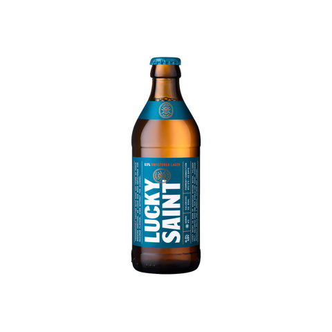 A bottle of Lucky Saint Superior Unfiltered Alcohol Free Lager