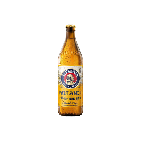 A bottle of Paulaner Munchener Hell Lager beer