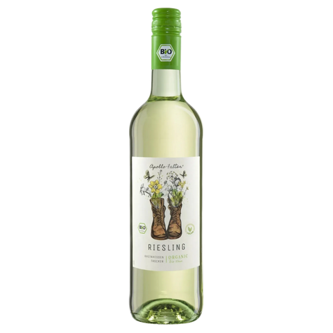 White wine bottle with a decorative label on a white background