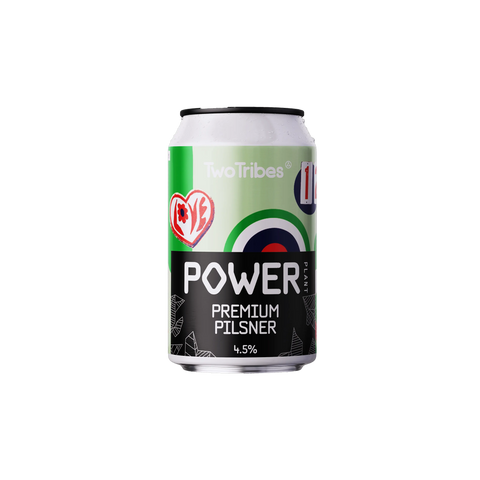 A can of Two Tribes Power Plant Natural Lager beer